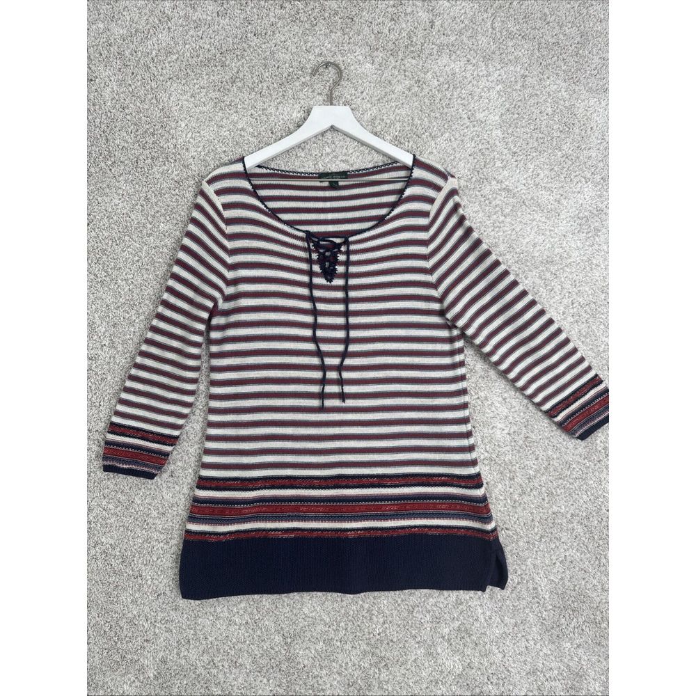 LRL Lauren Jeans Co. Stripe Lace Up Sweater Blue and Red Variegated SZ L‎ Boho